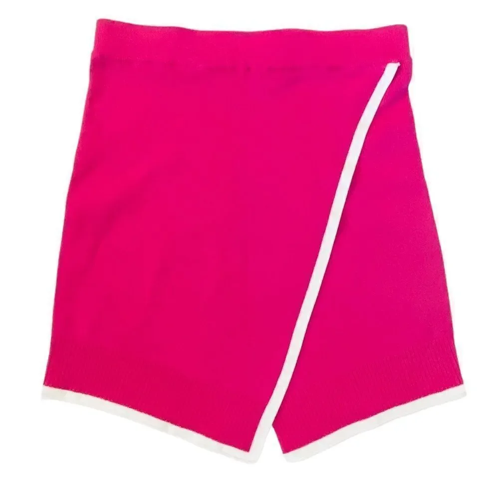 Nichole Lynel Sydney Hot Pink Contrast Trim Asymmetrical Knit Mini Skirt Sz M